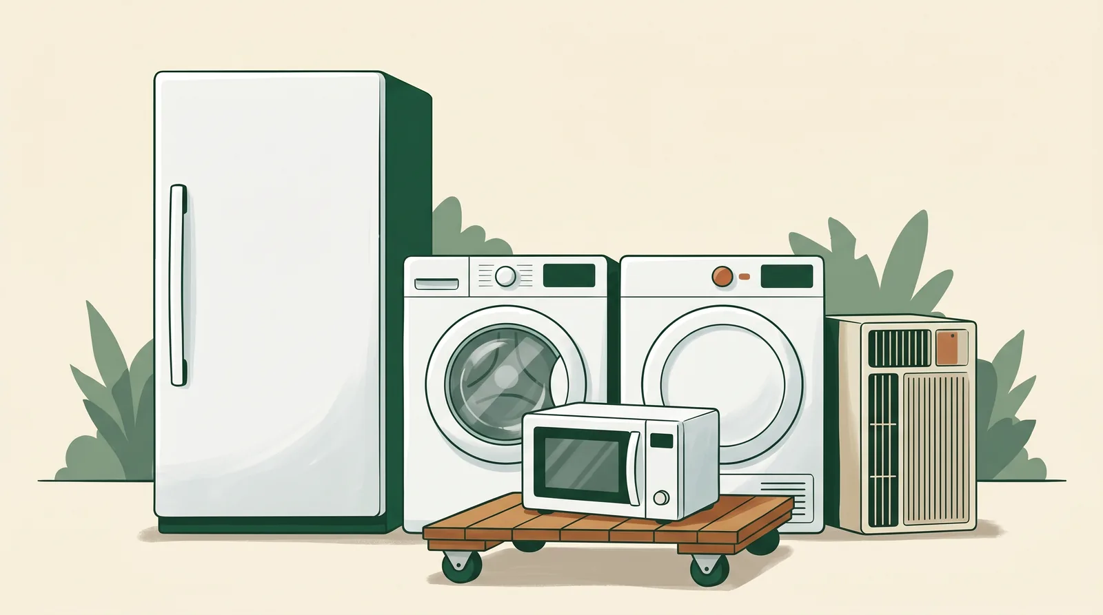 Editorial illustration of large household appliances grouped together: a tall white refrigerator, a front-loading washing machine, a matching dryer, a countertop microwave resting on a small wooden cart, and a beige window air-conditioning unit, arranged on a soft cream background with muted forest-green foliage shapes behind.
