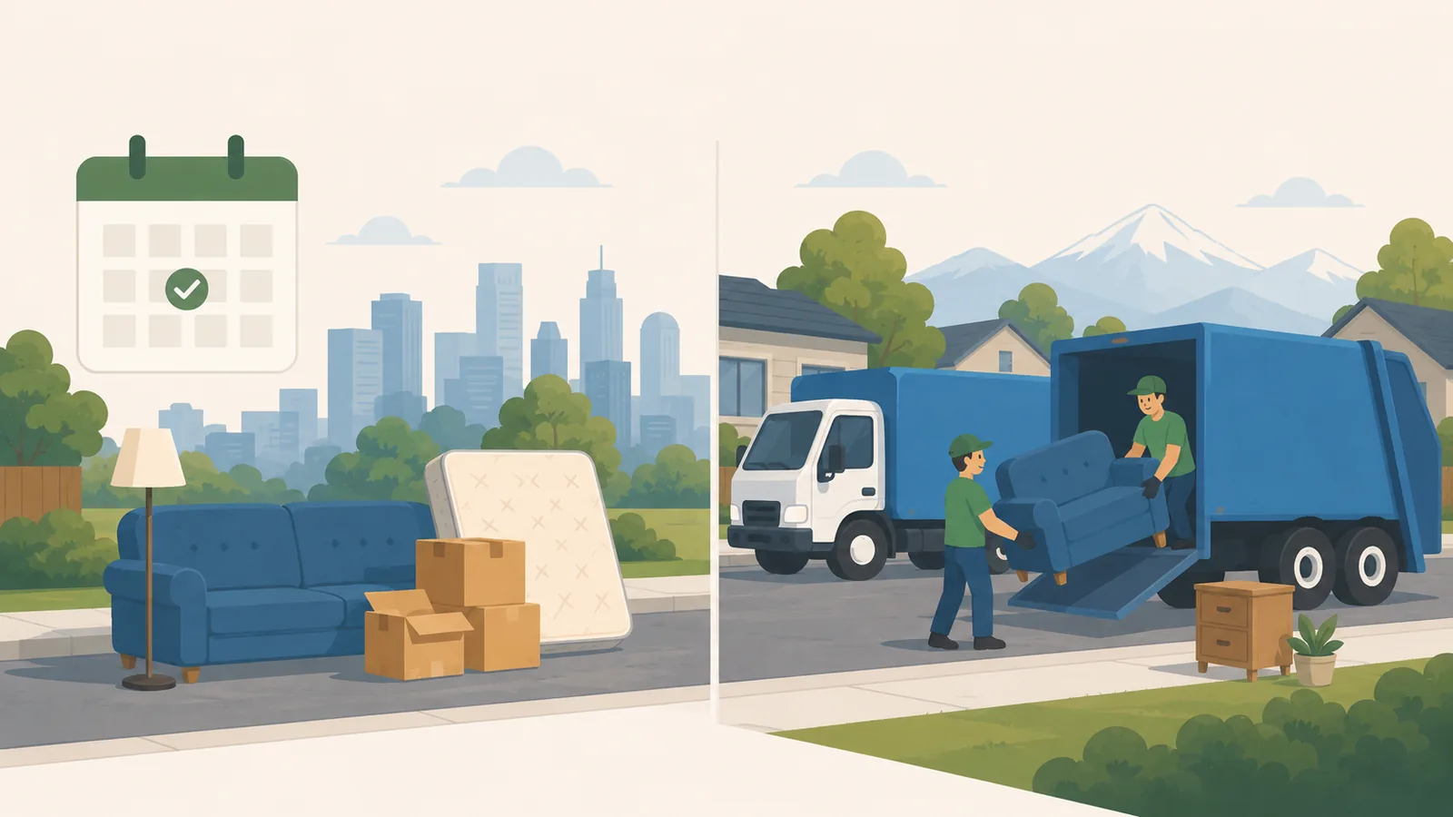 Side-by-side illustration of two pickup options. Left panel: household items waiting at the curb under a scheduled-pickup calendar, with the Denver skyline in the distance. Right panel: a private hauler crew in green outfits loading furniture into a blue truck inside the property, with the Rocky Mountains in the background.