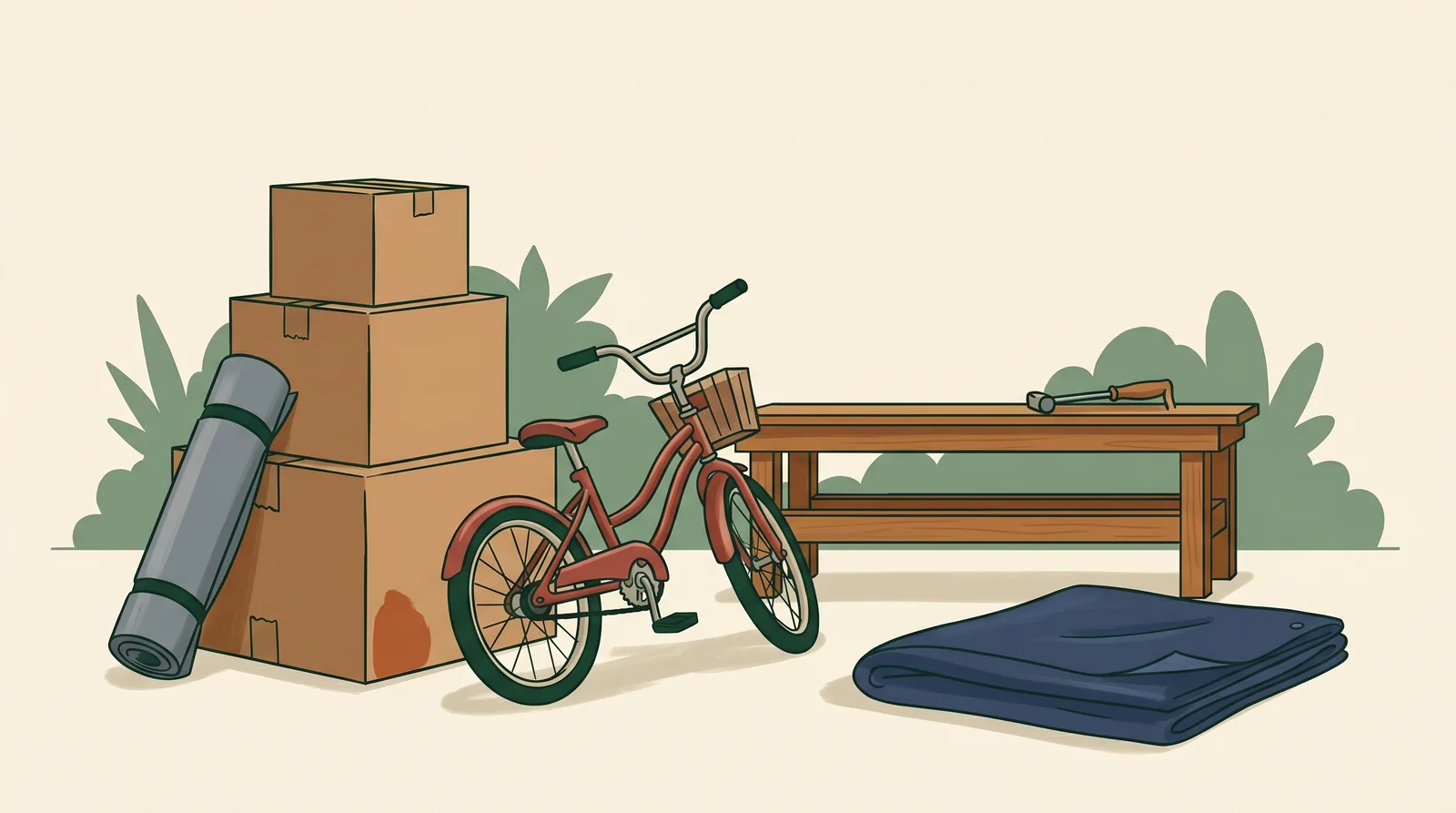 Editorial illustration of a tidy garage cleanout: a stack of three brown cardboard moving boxes, a rolled-up gray exercise mat, an old red children's bicycle, a low wooden workbench with a hand tool resting on top, and a folded navy blue tarp, arranged on a soft cream background with muted forest-green foliage shapes behind.