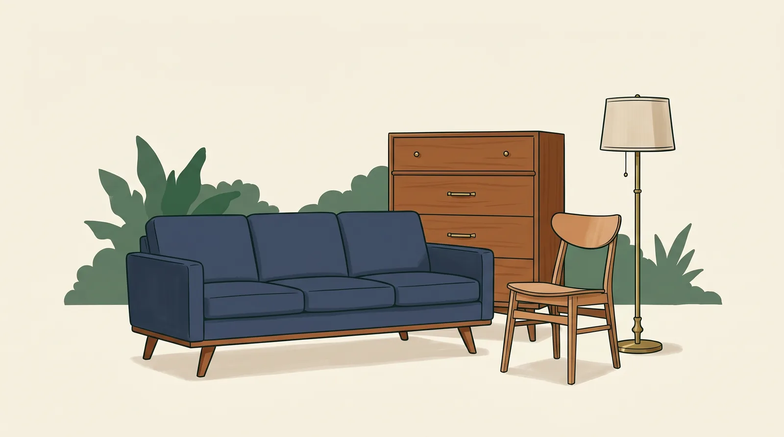Editorial illustration of common furniture items grouped together: a navy blue mid-century three-cushion couch, a tall wooden dresser, a single light-wood dining chair, and a brass floor lamp, arranged on a soft cream background with muted forest-green foliage shapes behind.