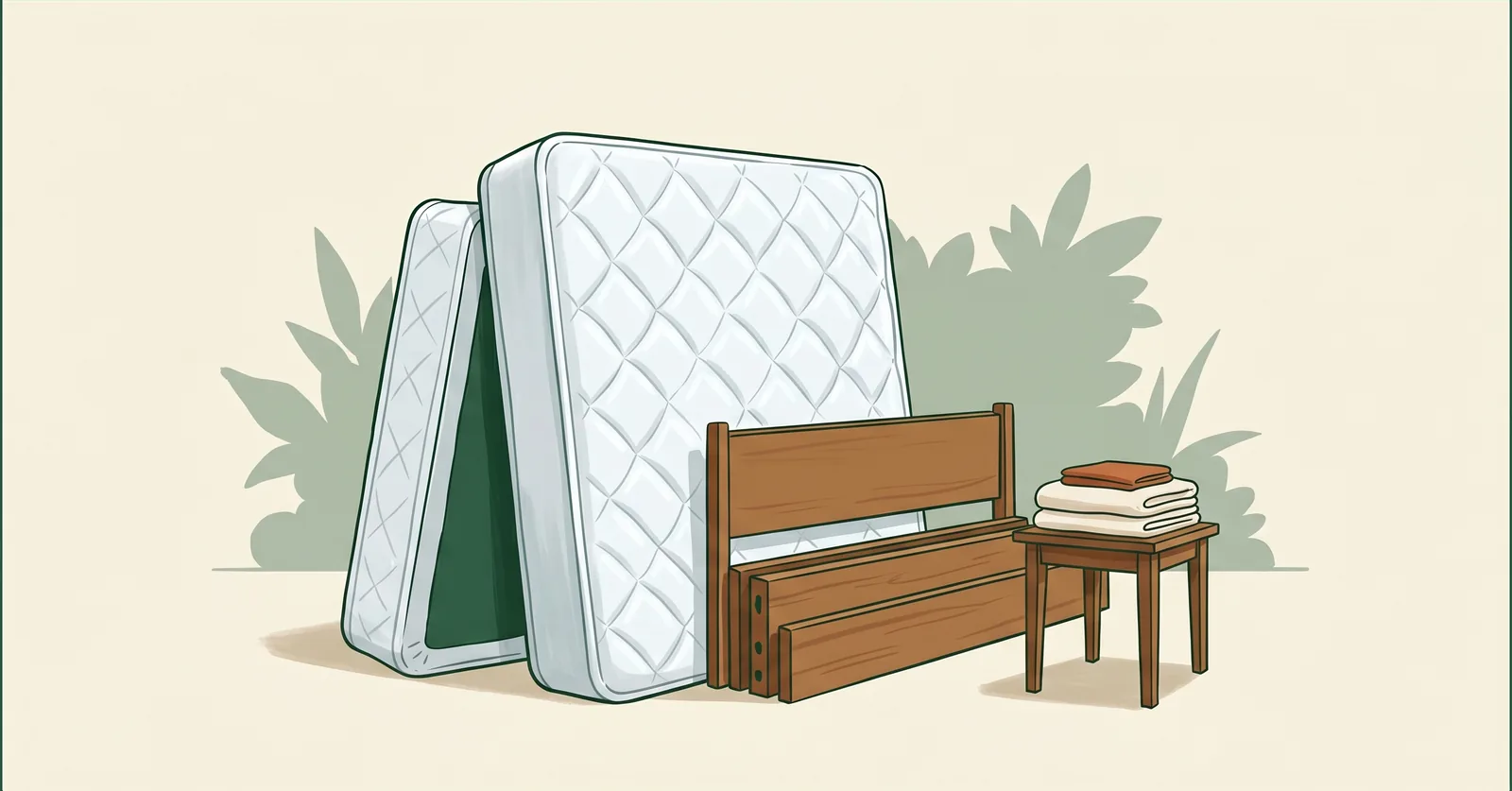 Editorial illustration of bedroom items staged for pickup: a quilted white mattress standing on its long edge, a matching box spring leaning behind it, a disassembled wooden bed frame stacked neatly, and a folded set of off-white bed linens on a small wooden side table, arranged on a soft cream background with muted forest-green foliage shapes behind.