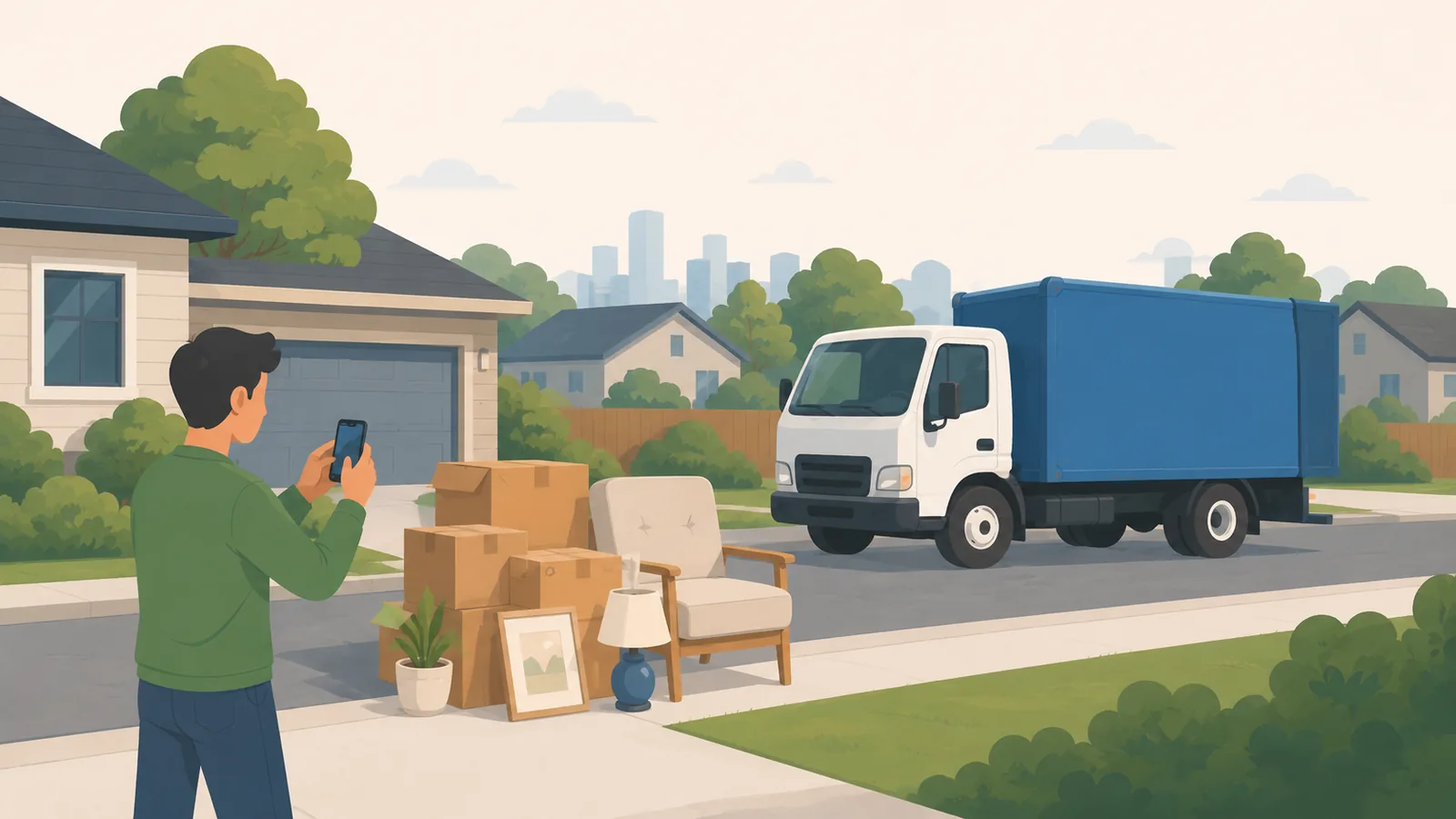 Illustration of a homeowner standing outside their house, photographing furniture and cardboard boxes neatly arranged at the curb. A small delivery truck is visible in the distance and mountains rise on the horizon.