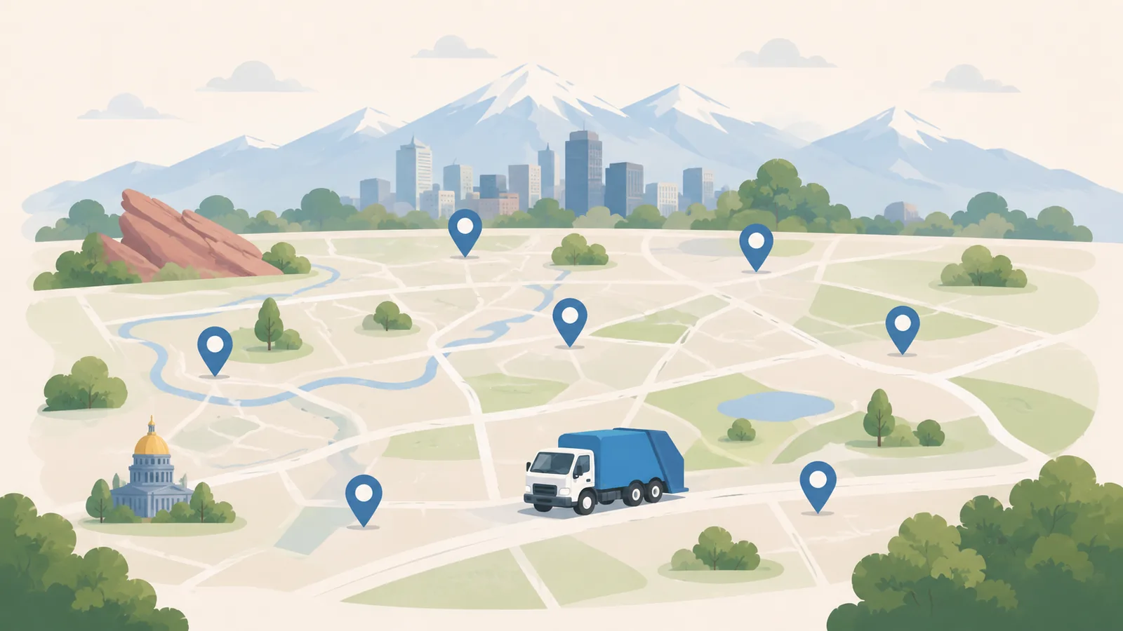 Illustrated map of the Denver metro area with location pins scattered across neighborhoods. The Colorado State Capitol's gold dome appears in the lower left, Red Rocks sandstone formations on the left, and the Rocky Mountains rise in the background.