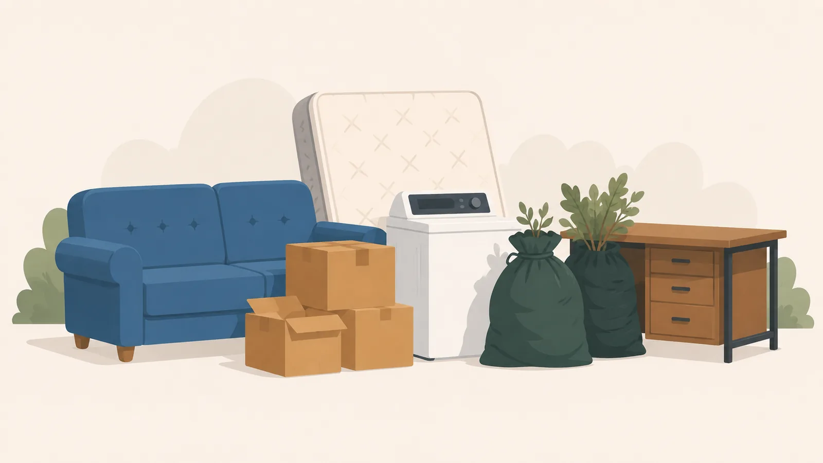 Illustration of items typically accepted for junk removal in Denver: a blue couch, a mattress, a washing machine, cardboard boxes, yard-waste bags, and a wooden dresser, arranged on a soft cream background.