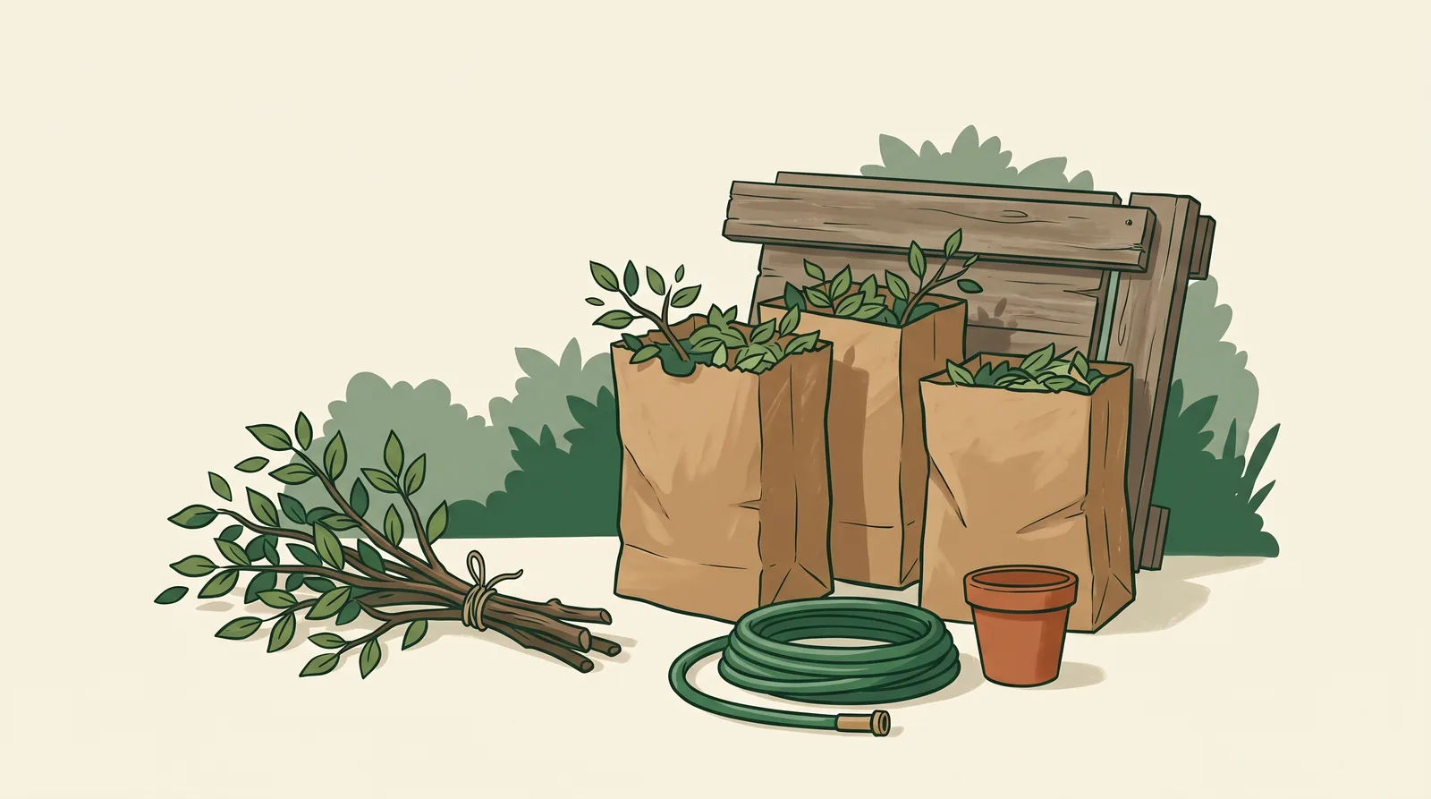 Editorial illustration of yard cleanup materials gathered for pickup: a small bundle of pruned tree branches with green leaves tied with twine, three filled brown paper yard-waste bags with leaves visible at the open tops, a coiled green garden hose, a weathered wooden fence panel leaning behind, and a small terracotta plant pot in the foreground, arranged on a soft cream background with muted forest-green foliage shapes behind.